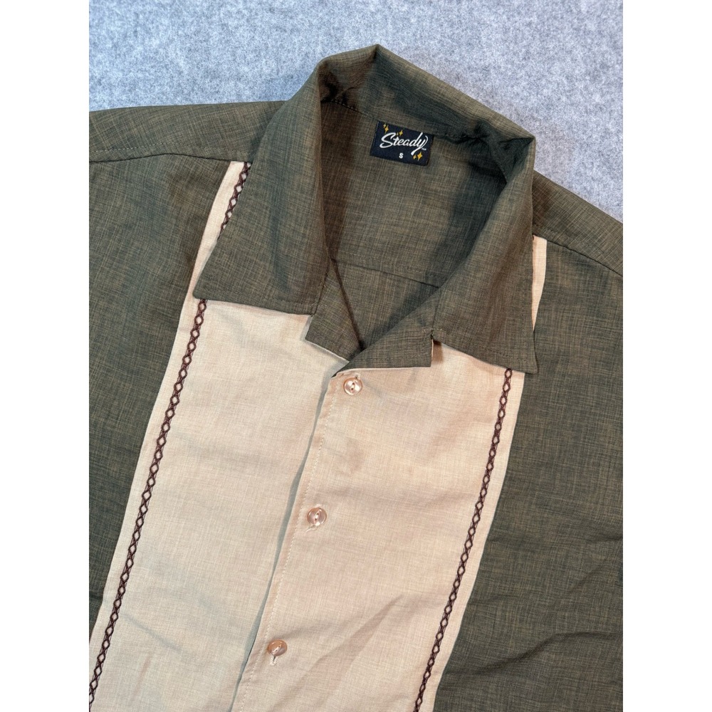 Steady Mens Vintage Bowling Shirt Olive Green Tan Panel Rockabilly Small